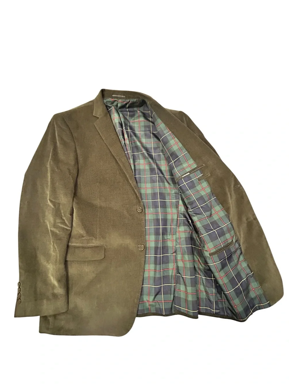 Alan Flusser Olive‎ Brown Corduroy Blazer with Tartan Plaid Lining Men’s Large
